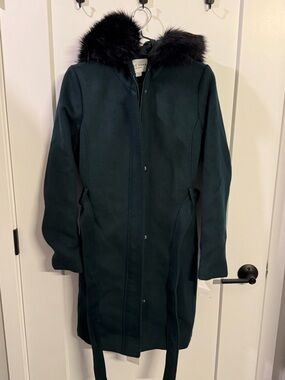 Cole Haan Dark Forest Green Wool Blend Coat with Black Faux Fur Hood